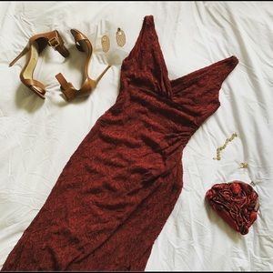 Ralph Lauren Burgundy Lace Full-Length Gown